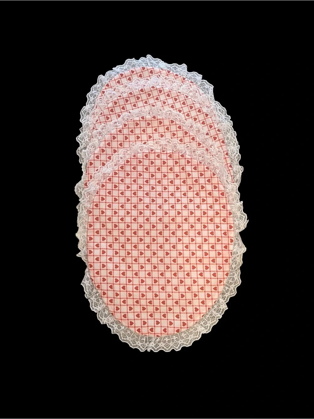 Red White Checkered Gingham Hearts Fabric Oval Placemats Lace Trim - Set of 4